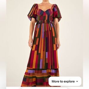 Farm Rio Women’s Painted Stripes Blouson-Sleeve Pleated Dress - NWT medium